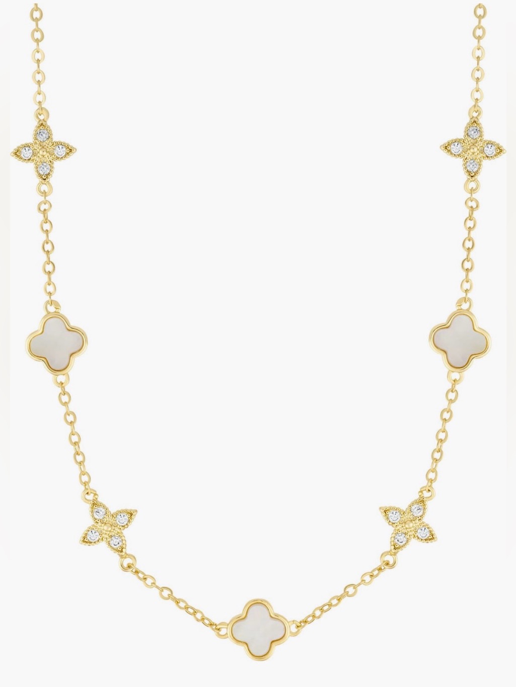 Mixed Mother-Of-Pearl & Cubic Zirconia Clover Station Necklace 14k Gold Plated